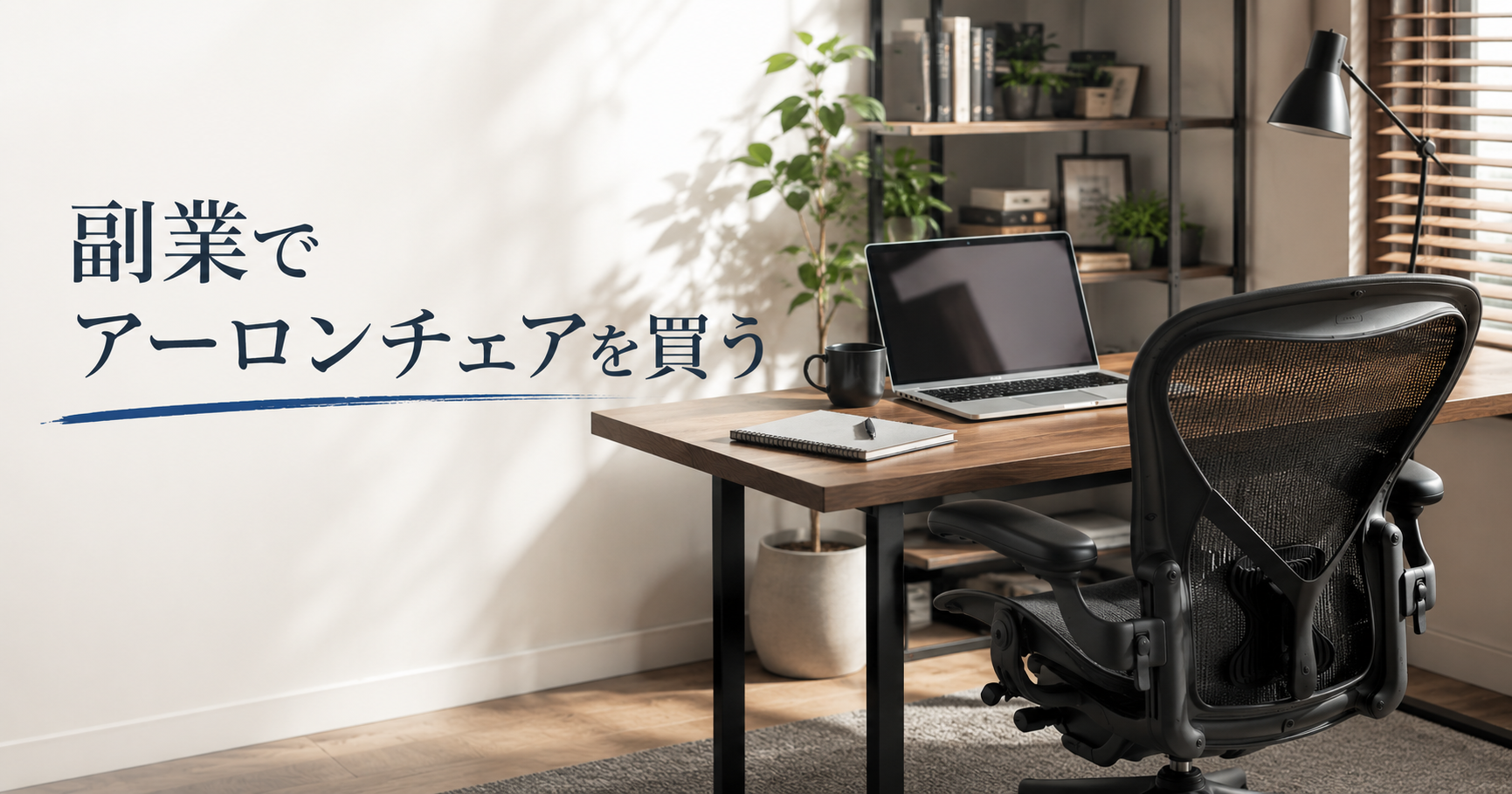 落ち着いた仕事部屋のデスクと高級感のあるワークチェアを背景に、副業でアーロンチェア購入を目指すことを表したアイキャッチ画像