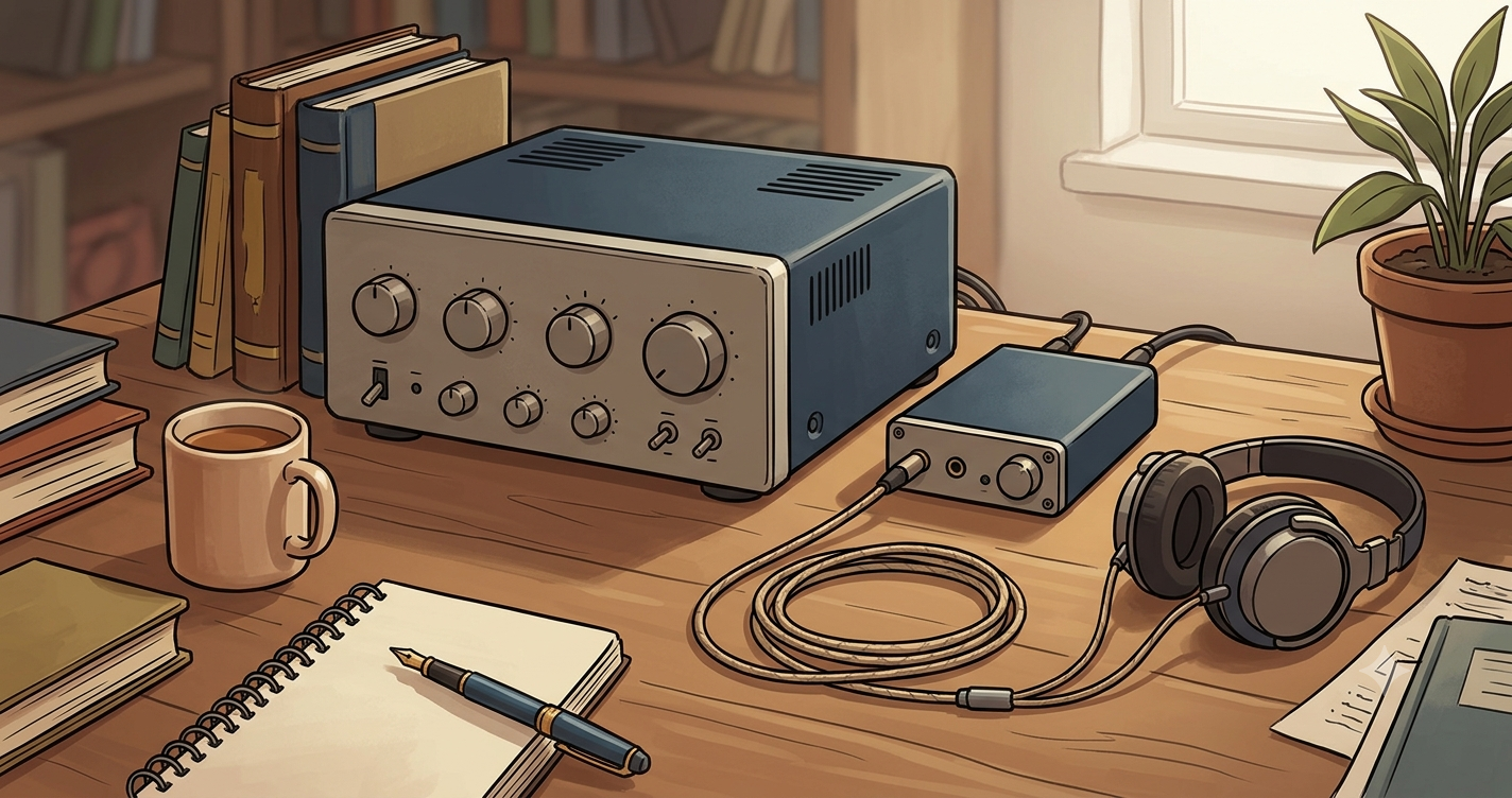 デスク上の小型オーディオ機器のイラスト