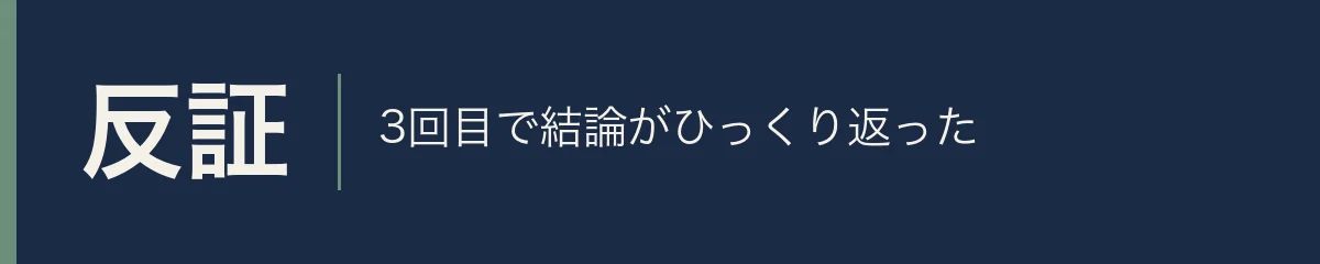 反証。3回目で結論がひっくり返った
